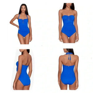 Ralph Lauren Royal Blue Lace-Up Bandeau Tummy-Control One-Piece Swimsuit Size 12
